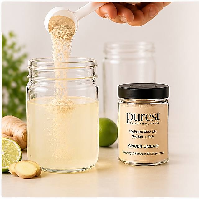 Pouring Purest Electrolyte into a glass with ginger and lime