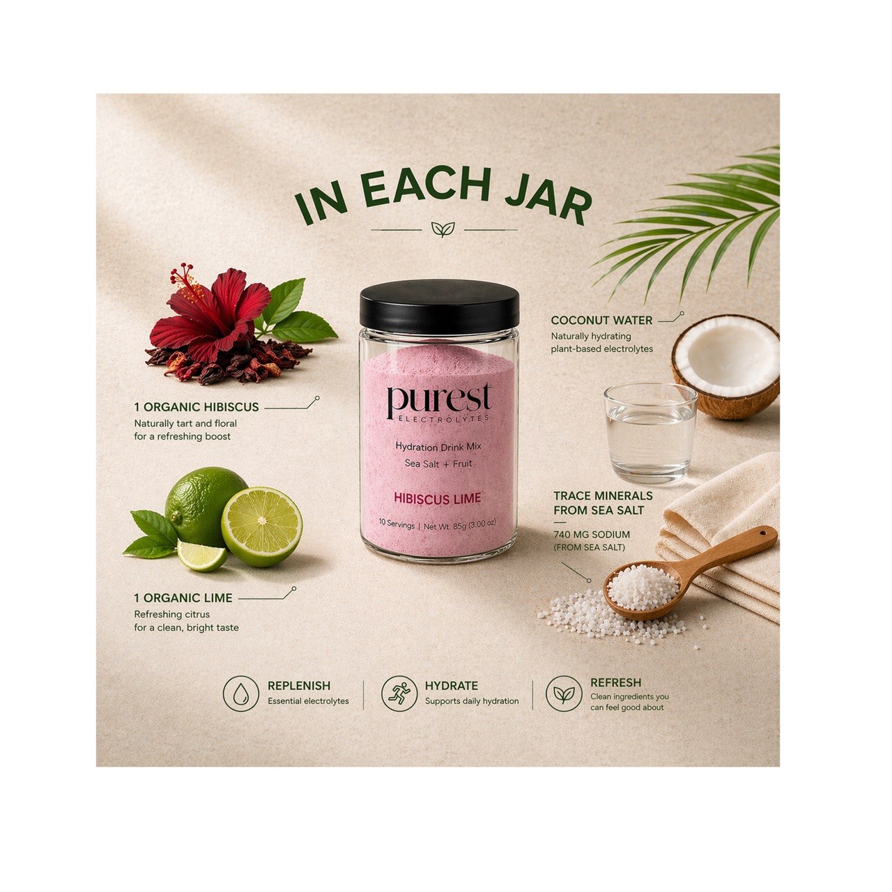 In each jar: organic hibiscus, organic lime, coconut water, trace minerals from sea salt