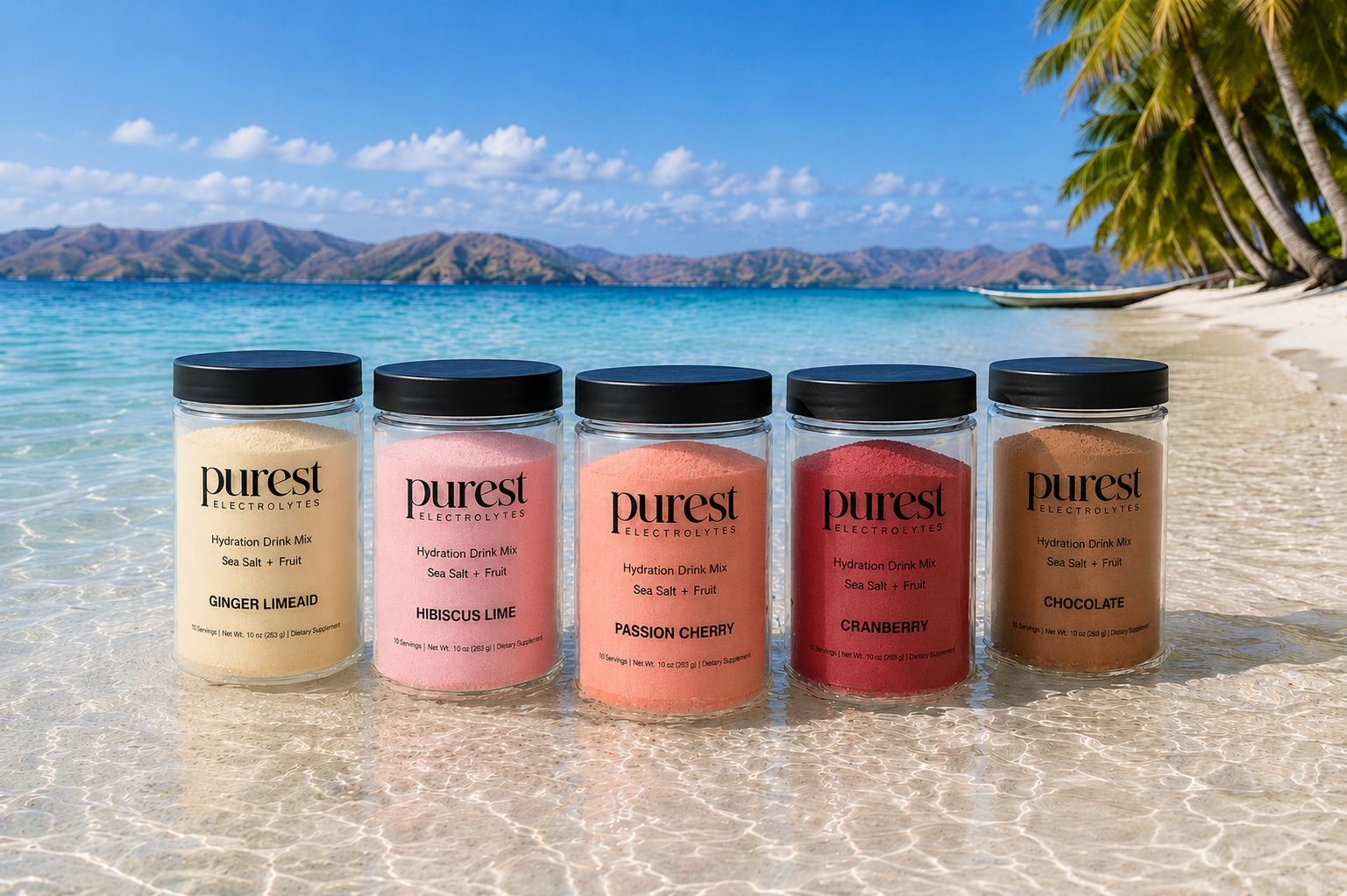 All 5 Purest Electrolyte flavors on a tropical beach - Ginger Limeaid, Hibiscus Lime, Passion Cherry, Cranberry, and Chocolate